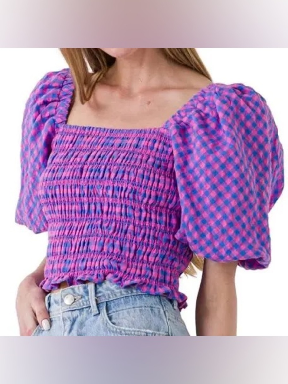 Endless Rose Gingham Smocked Puff Sleeve Crop Top | S